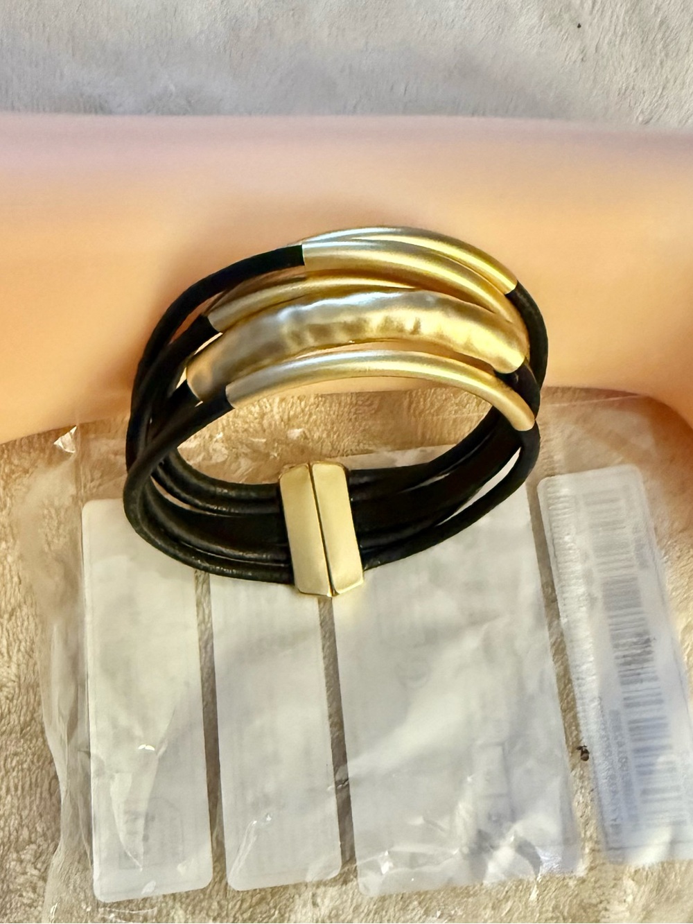 Black Leather Multi-Strand Bracelet with Gold Accents